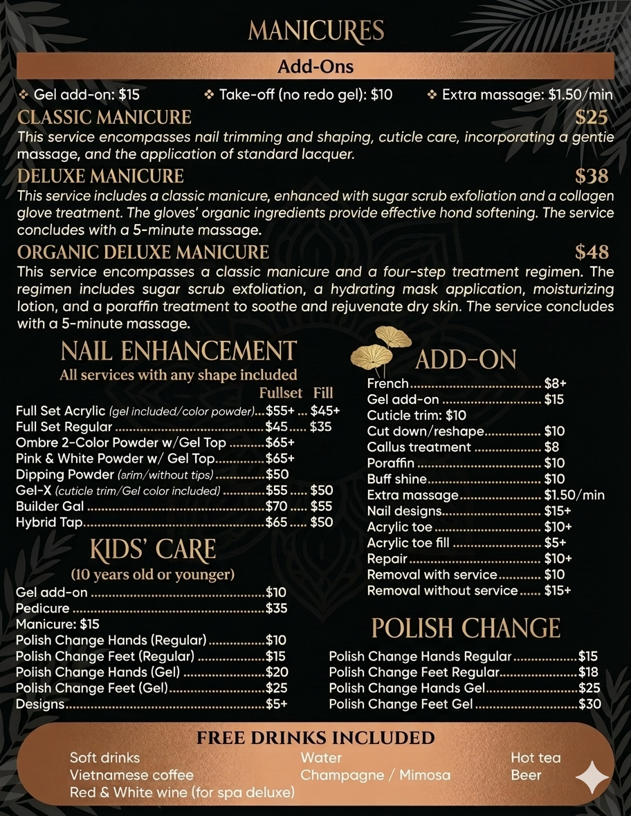 Lovely Nails & Spa manicures menu with nail enhancement, kids care, add-ons, polish change, and free drinks included