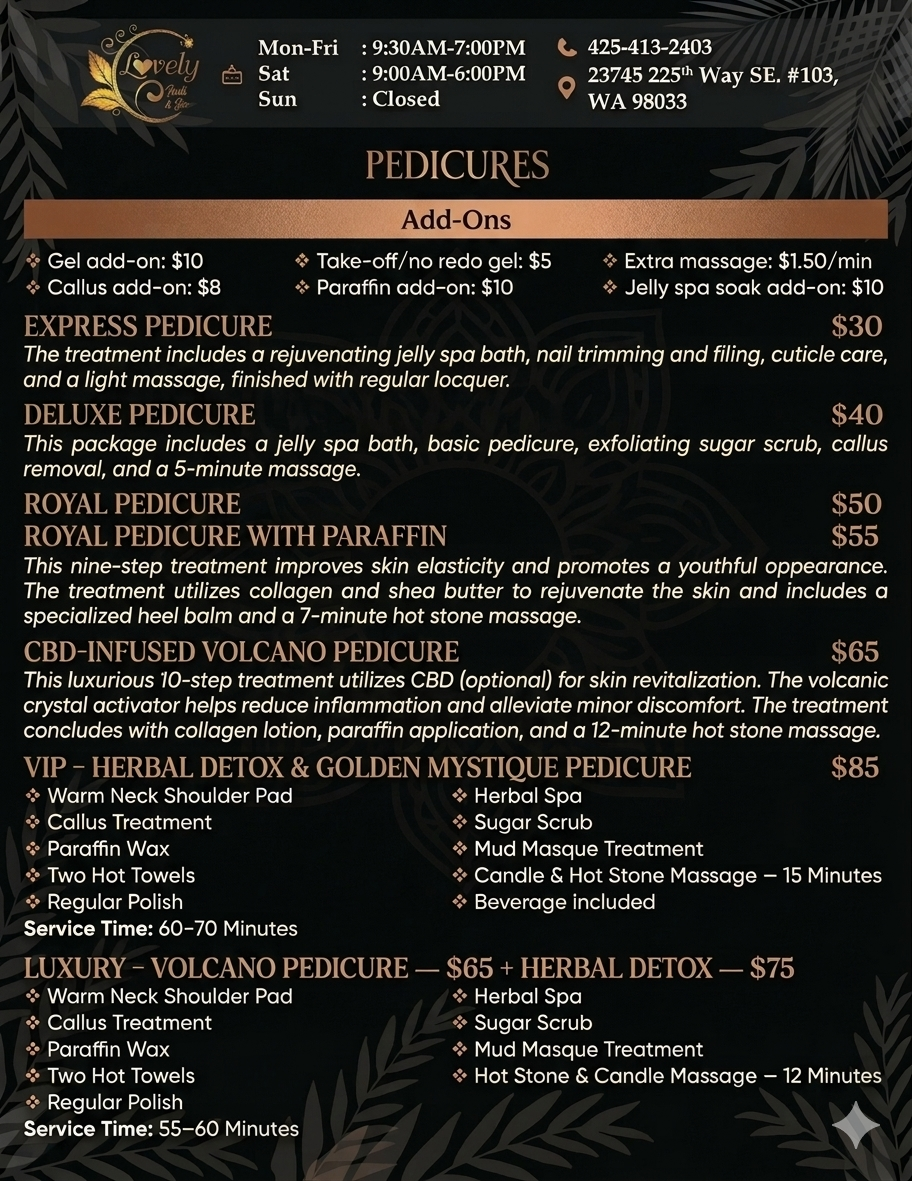 Lovely Nails & Spa pedicures menu with express, deluxe, royal, CBD-infused volcano, VIP herbal detox, and luxury packages