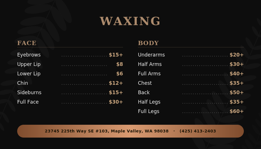 Lovely Nails & Spa waxing menu with face waxing including eyebrows, upper lip, lower lip, chin, sideburns, and full face, and body waxing including underarms, arms, chest, back, and legs